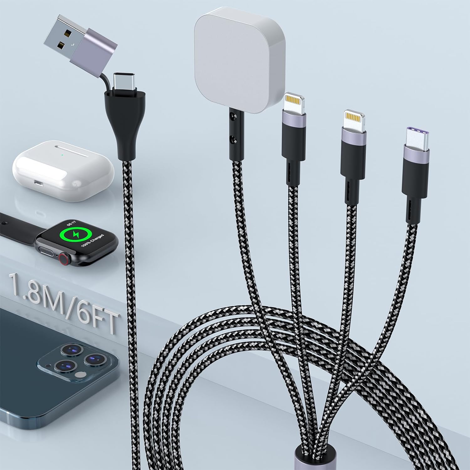 4-in-2 USB C Cable 20W PD Fast Charger with Magnetic Connector - Nylon Braided Durable Multi-Port Charging Cord for iPhone, Android, Tablet - Perfect for Home, Office & Travel