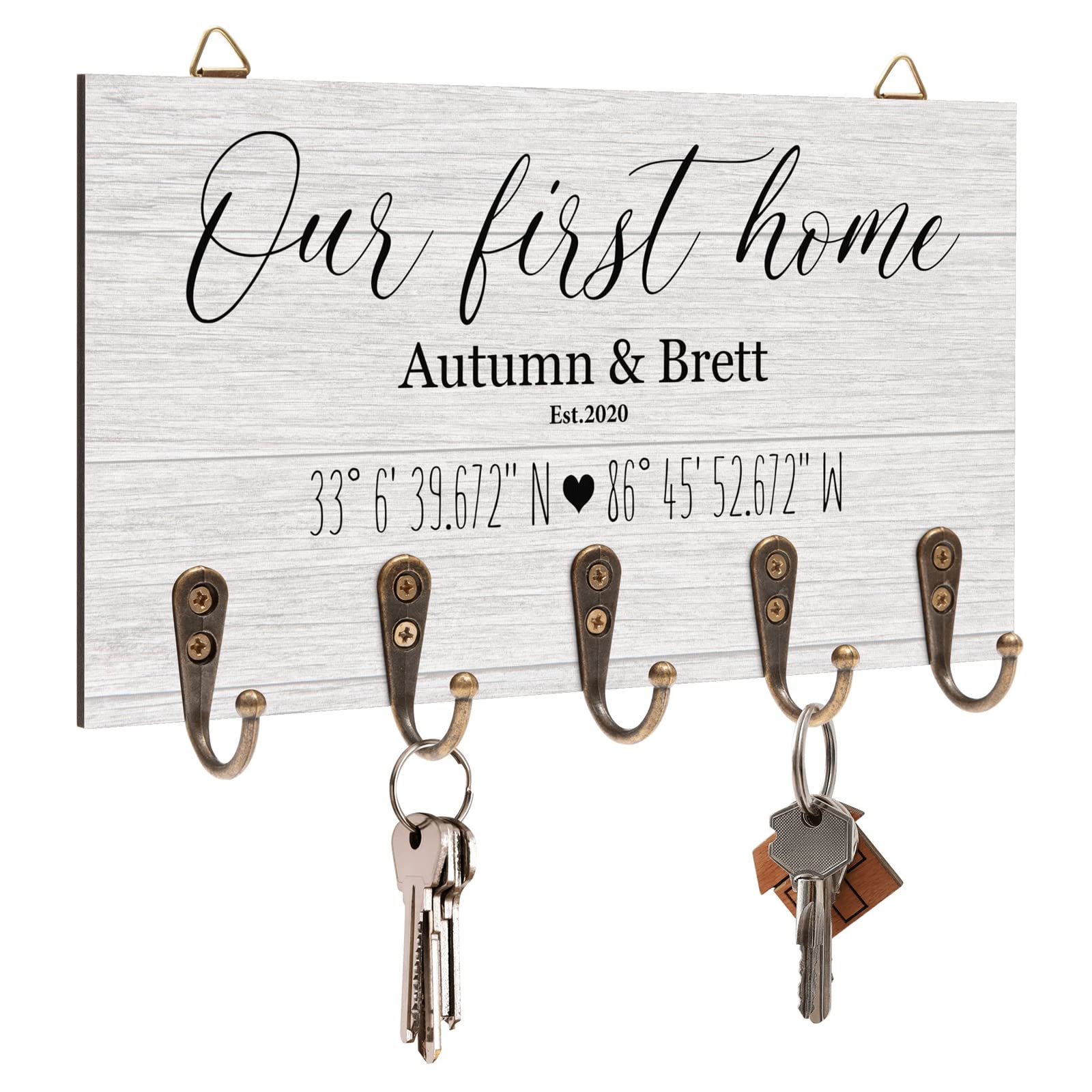Personalized Key Holder for Wall - Custom Key Hanger with Coordinates, Names & Established Date - Unique Housewarming Gift for Couples - Perfect for New Homeowners & First Home Decor
