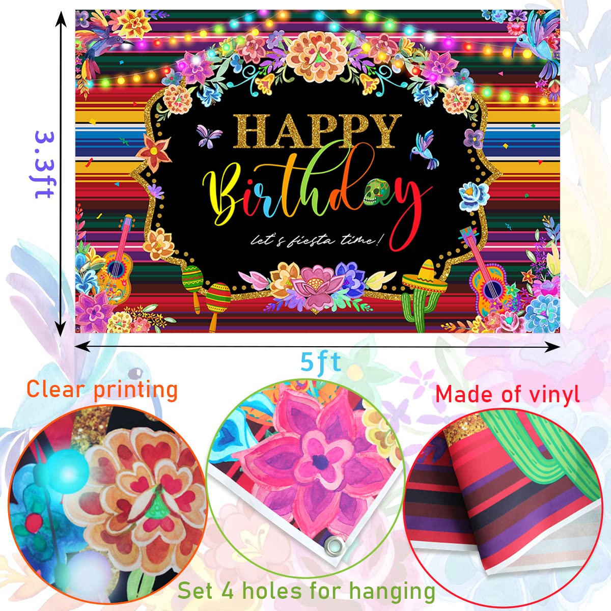Mexican Birthday Party Decorations - Fiesta Theme Happy Birthday Backdrop for Cinco De Mayo, Vinyl Background Banner, Mexican Party Supplies | Perfect for Cinco de Mayo Celebrations, Themed Birthday Parties & Festive Home Decor