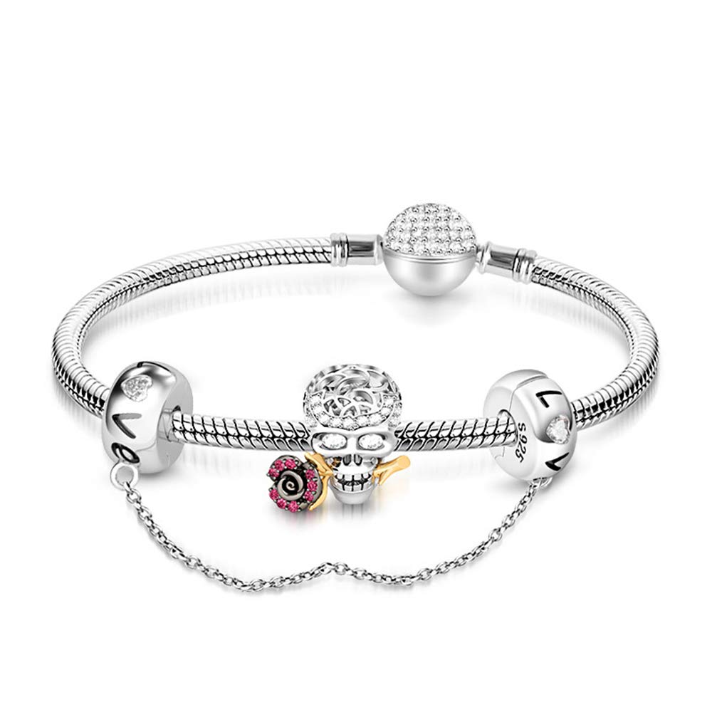 GNOCE 925 Sterling Silver Skull Charm Bracelet for Women - Adjustable Snake Chain with Safety Clasp - Gothic Punk Jewelry for Daily Wear, Parties & Gifts
