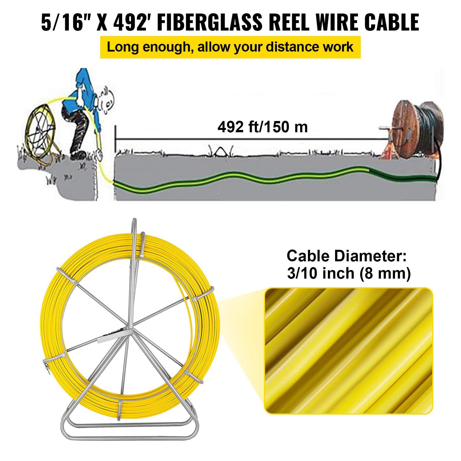 Happybuy 8MM x 492FT Fiberglass Fish Tape - Steel Reel Stand with Cage & Wheel - 13 Inch Min Bending Radius - Durable Wire Cable Puller for Electrical Conduit Work - Perfect for Electricians and DIY Home Wiring Projects