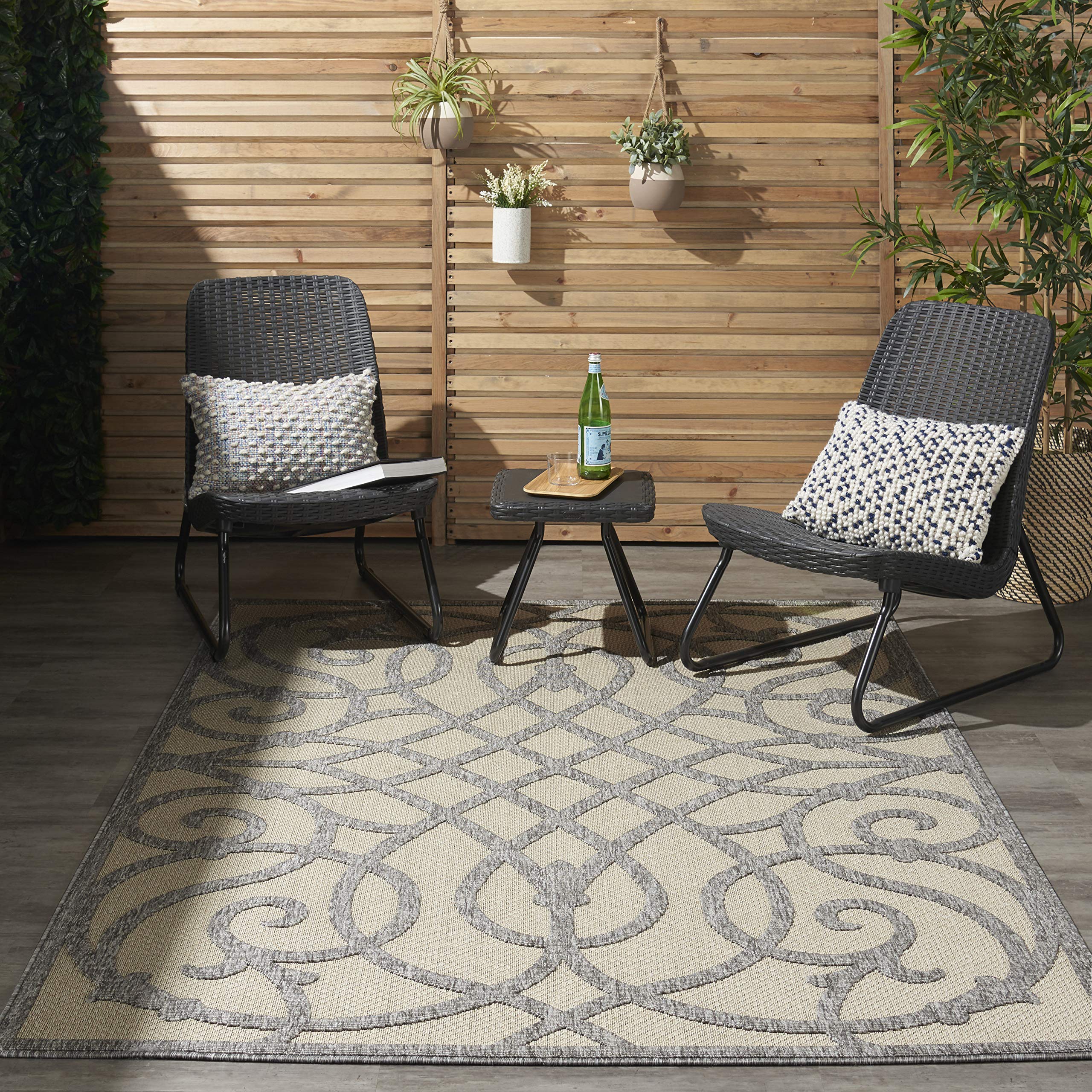 Nourison Palamos 6' x 9' Indoor/Outdoor Area Rug in Cream Grey - Easy to Clean, Non-Shedding, Stain Resistant - Perfect for Bedroom, Living Room, Dining Room, Backyard, Deck & Patio - Soft & Durable for Home Decor & Outdoor Entertaining