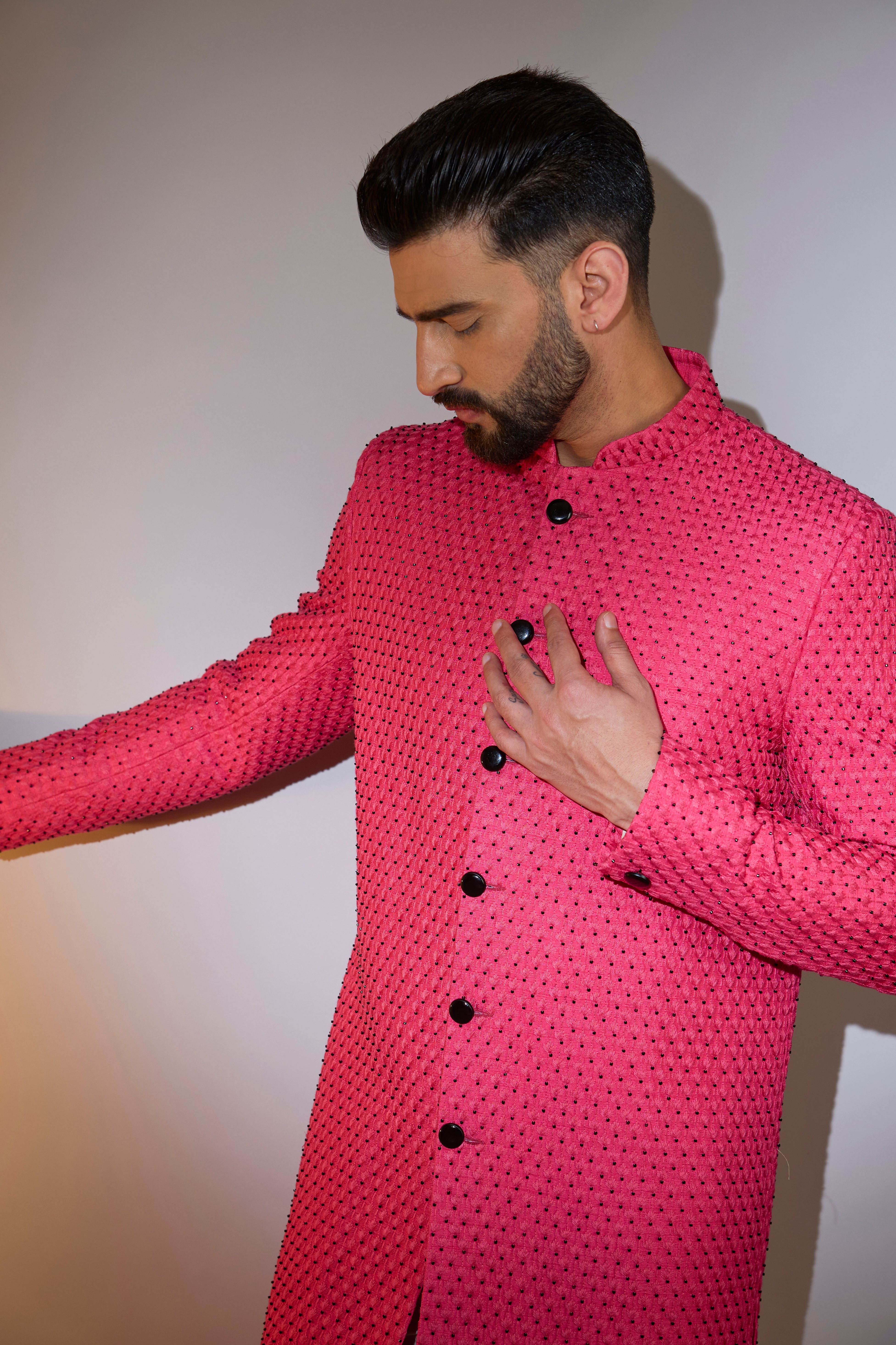 Elegant Hot Pink Sherwani with Intricate Black Cut Dana Work - Perfect for Weddings, Festivals & Special Occasions