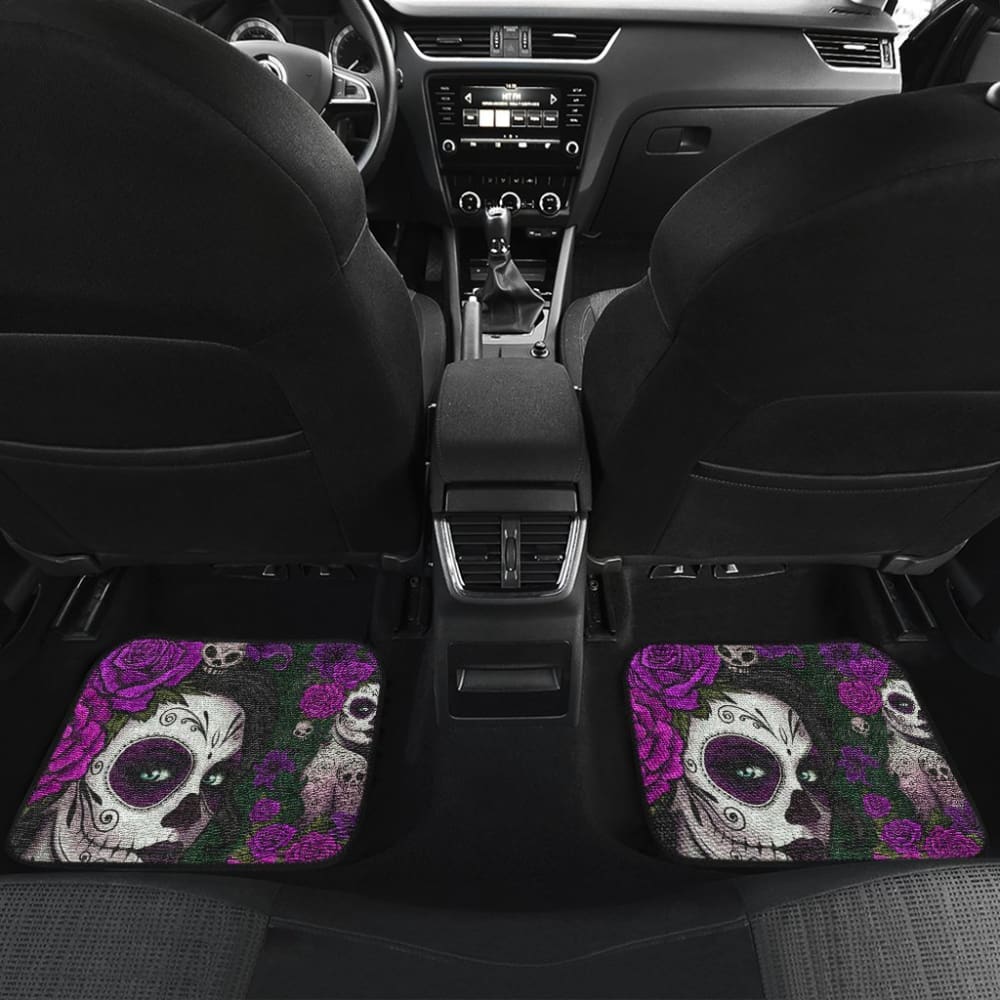 4 Pcs Sugar Skull Girl Car Floor Mats - Non-Slip Waterproof Custom Auto Accessories for Halloween, Dia de Los Muertos Decor - Perfect for Cars, Trucks, SUVs & Vehicle Protection
