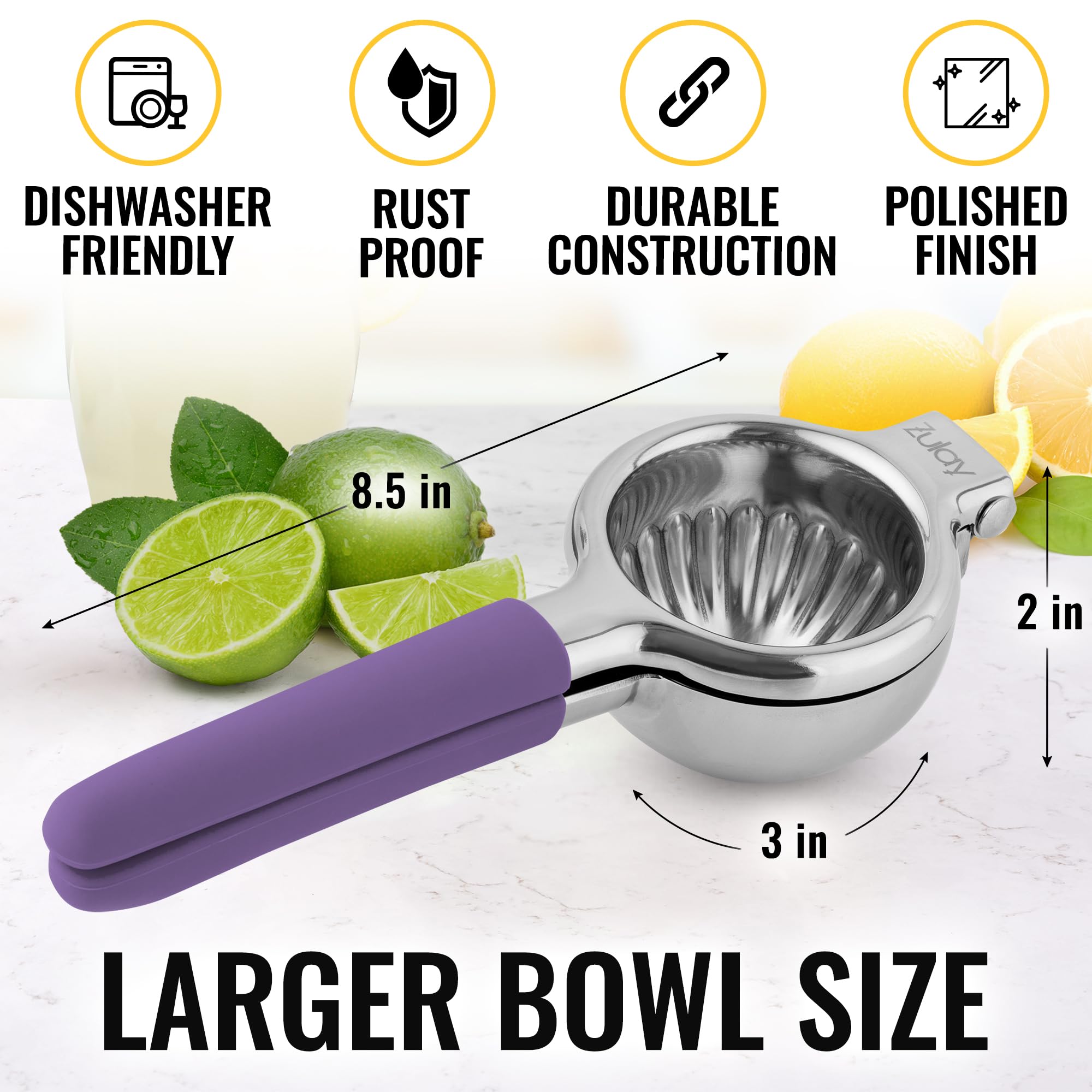 Premium Stainless Steel Lemon Squeezer - Heavy Duty Manual Citrus Juicer with Non-Slip Silicone Handles for Lemon, Lime & Orange - Large Metal Fruit Press for Kitchen, Bar & Restaurant Use (Purple)