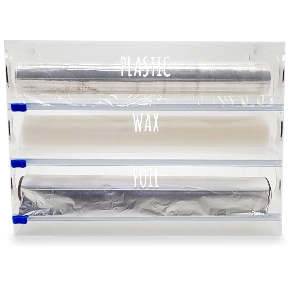 Premium Acrylic 3-in-1 Plastic Wrap, Wax Paper & Aluminum Foil Dispenser - Drawer or Wall Mountable Kitchen Organizer (Clear) - Perfect for Food Storage, Meal Prep & Countertop Organization