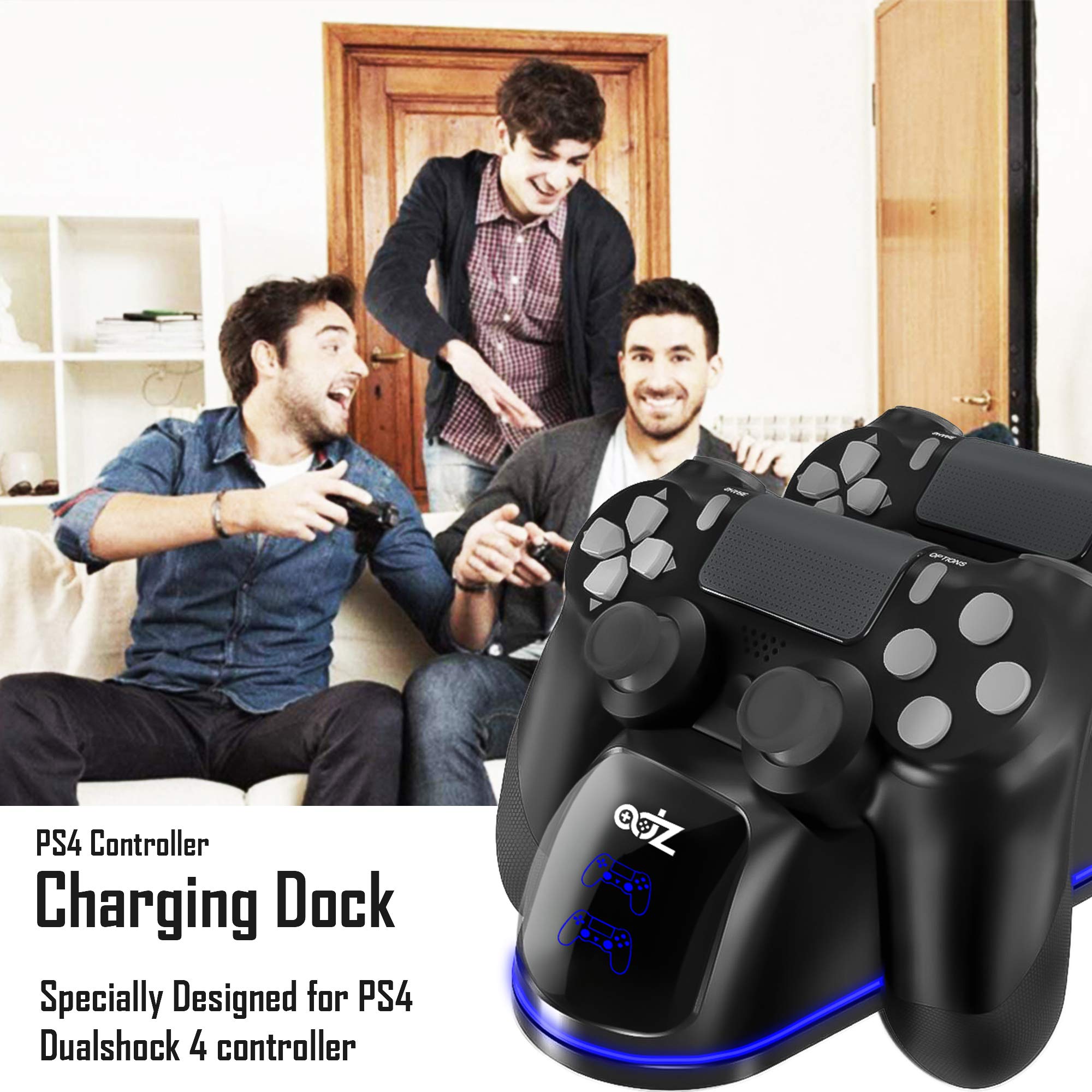 PS4 Controller Charging Dock with USB Cable & Blue LED Light - Dual Charger Station Stand for PS4, PS4 Slim, PS4 Pro - Perfect for Gaming Setup & Nighttime Charging