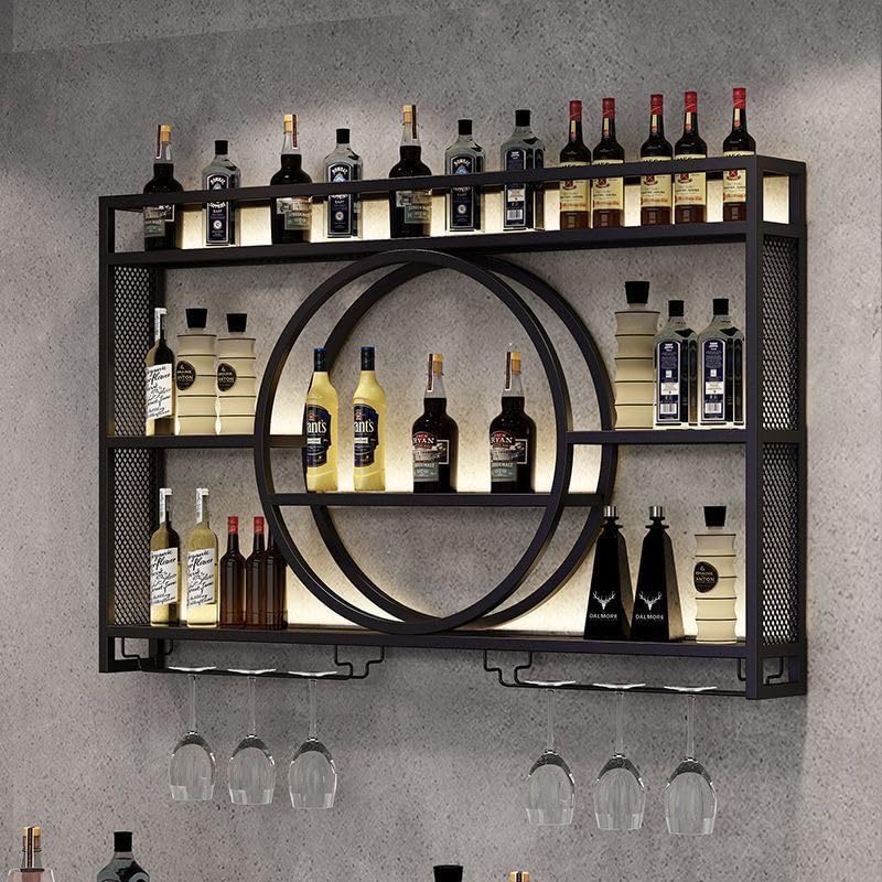 3-Tier Wall Mounted Metal Wine Rack with Glass Holder - Large Capacity Bar Shelves for Liquor Bottles - Perfect for Dining Room, Home Bar & Kitchen Decor (Black, 47 Inch) - Ideal for Wine Storage, Entertaining Guests & Space-Saving Organization