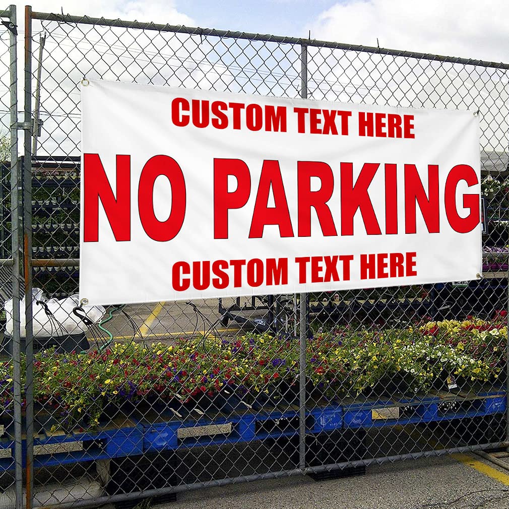 No Parking Custom Vinyl Banner - 48x96 Inches, Weatherproof Outdoor Sign with 8 Grommets for Industrial & Yard Use | Personalized Text Available | Multiple Sizes for Driveway, Construction Site & Business Parking