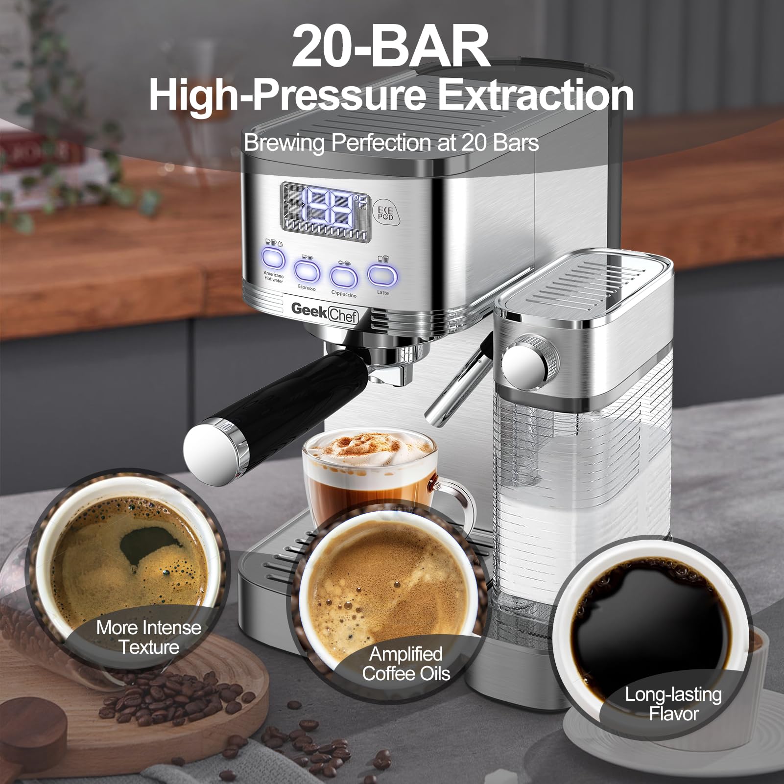 Premium Geek Chef 20Bar Espresso & Cappuccino Machine with Auto Milk Frother - Stainless Steel Home Coffee Maker for Latte, Cappuccino & ESE Pods | Perfect Gift for Coffee Lovers | Ideal for Home Kitchens, Offices & Cafés