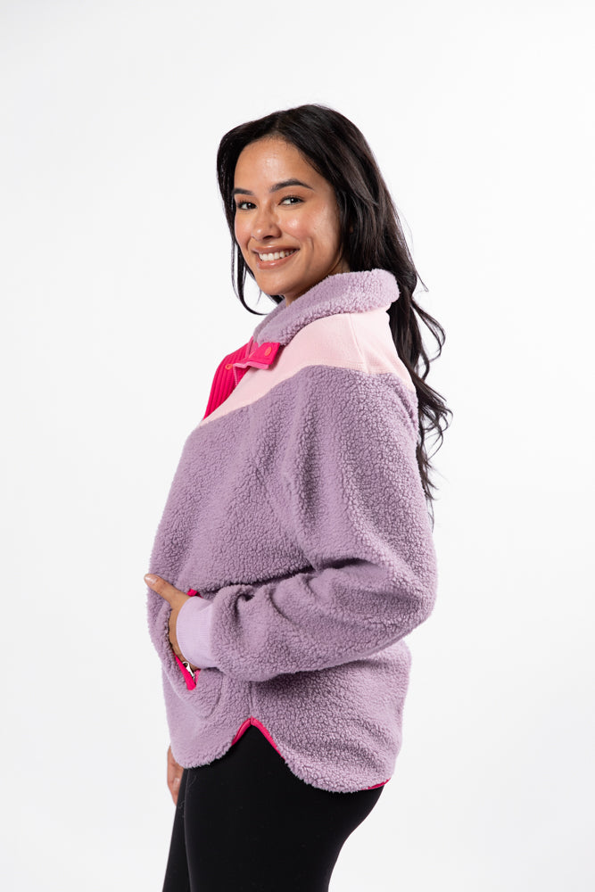 Cozy Purple Multi-Colorblock Sherpa Pullover Sweatshirt for Women - Soft Fleece Winter Hoodie for Casual Outfits & Outdoor Activities