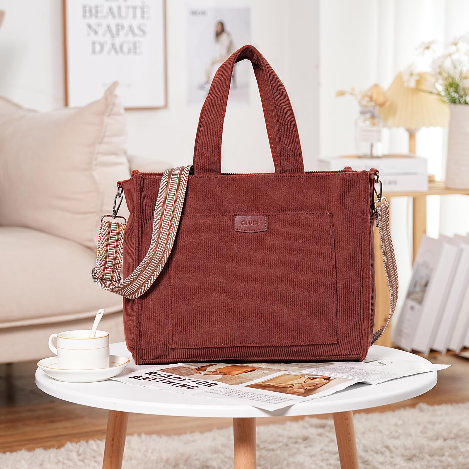 CLUCI Women's Corduroy Tote Bag with Zipper - Stylish Casual Shoulder Handbag & Hobo Purse for Work, Travel, and Everyday Use