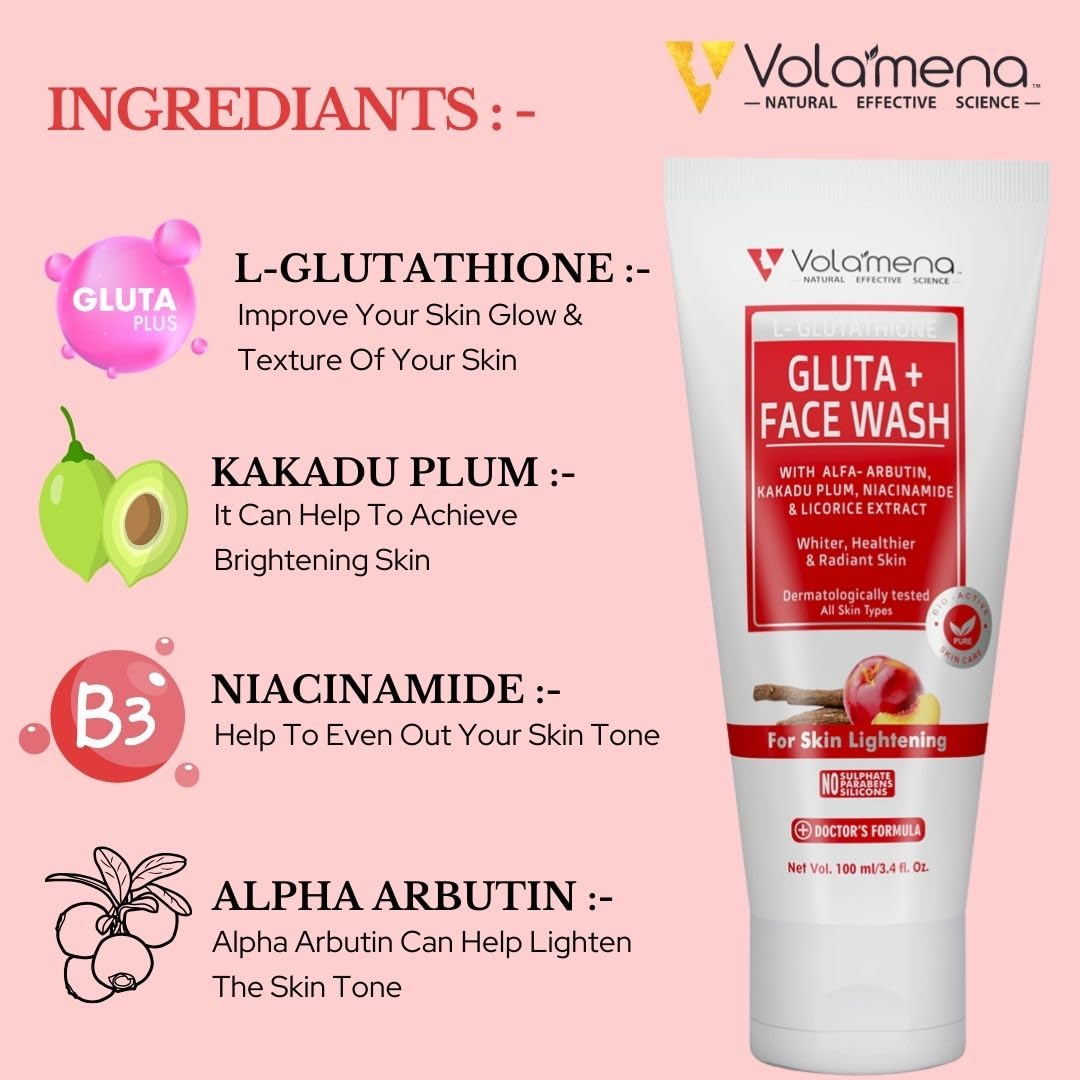 Volamena L-Glutathione Face Wash for Brightening & Glow - 100ml Daily Cleanser for Radiant Skin | Men & Women | Perfect for Morning & Night Skincare Routine