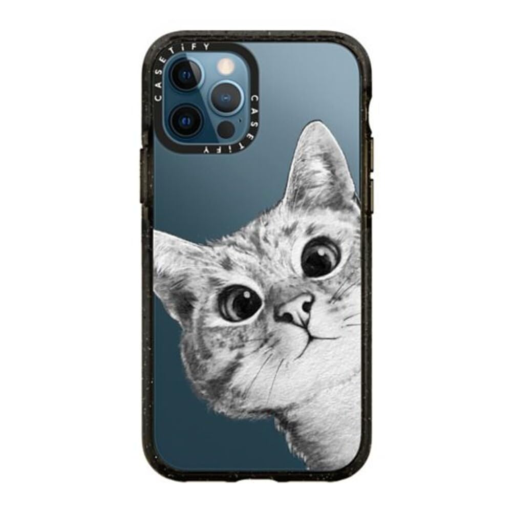 CASETiFY Impact Case for iPhone 12 & iPhone 12 Pro - Clear Black with Peekaboo Cat Design on Rose Gold - Durable Protective Phone Cover for Everyday Use & Travel