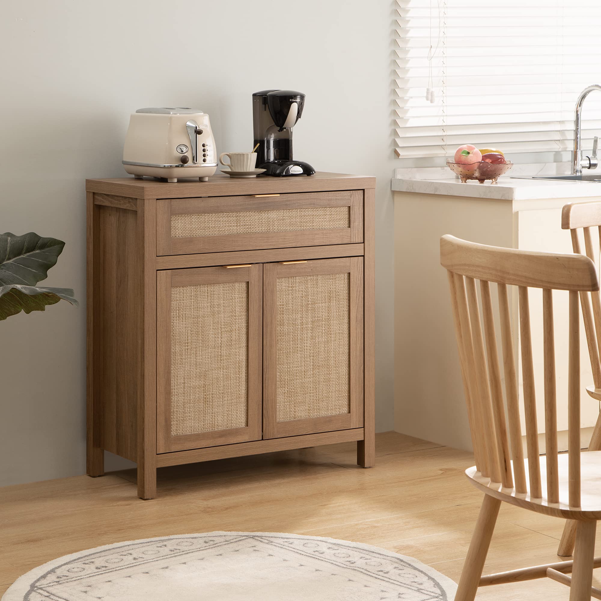 SICOTAS 2-Piece Rattan Sideboard Buffet Cabinet Set, Boho Farmhouse Credenza Storage with Drawers, Natural Oak Console Table for Coffee Bar, Entryway, Living & Dining Room - Perfect for Home Decor, Entertaining & Storage Solutions