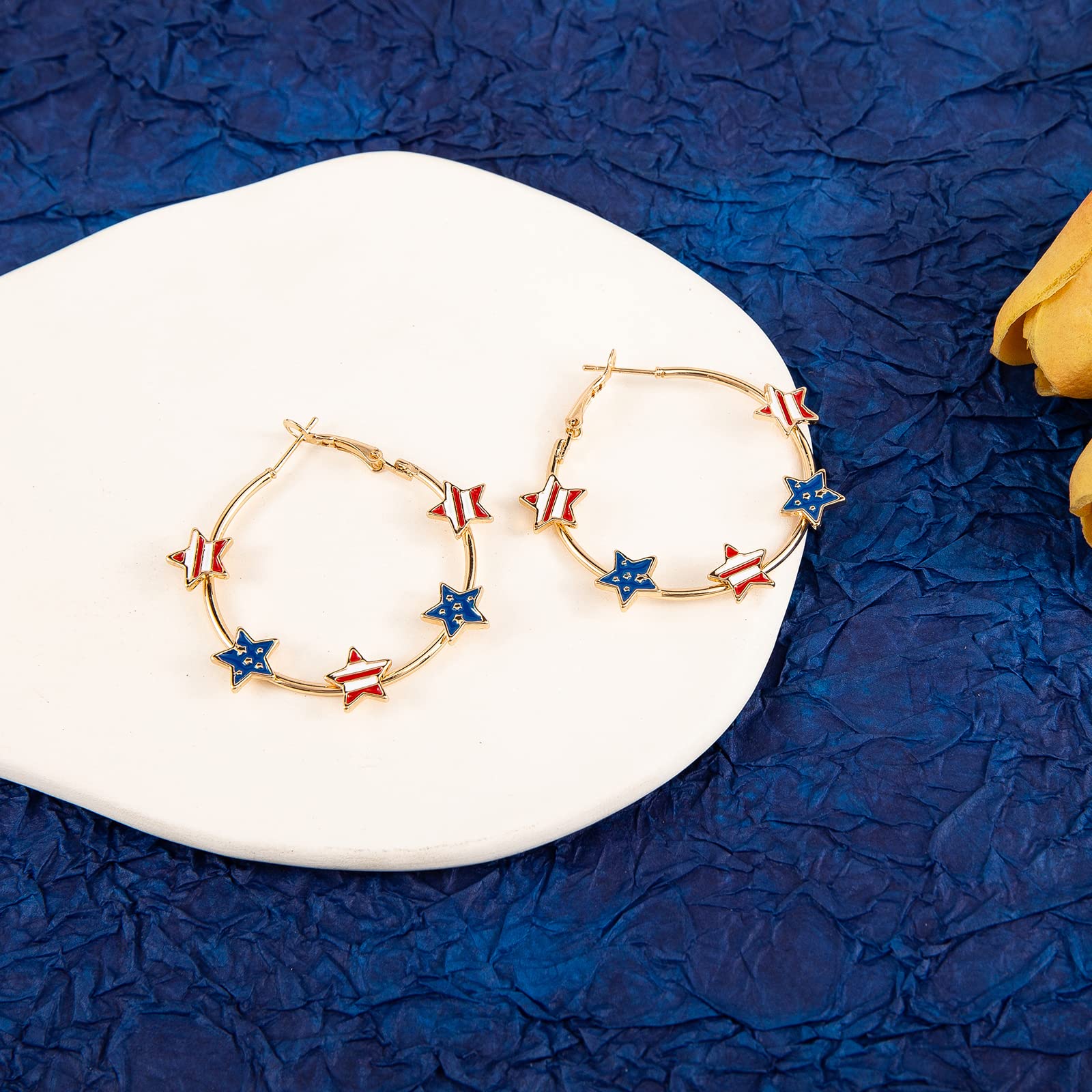 4th of July Patriotic Earrings for Women - Red White Blue Star Hoop Earrings with American Flag Design - USA Independence Day Jewelry & Accessories - Perfect for 4th of July Parties, National Holidays and Patriotic Events