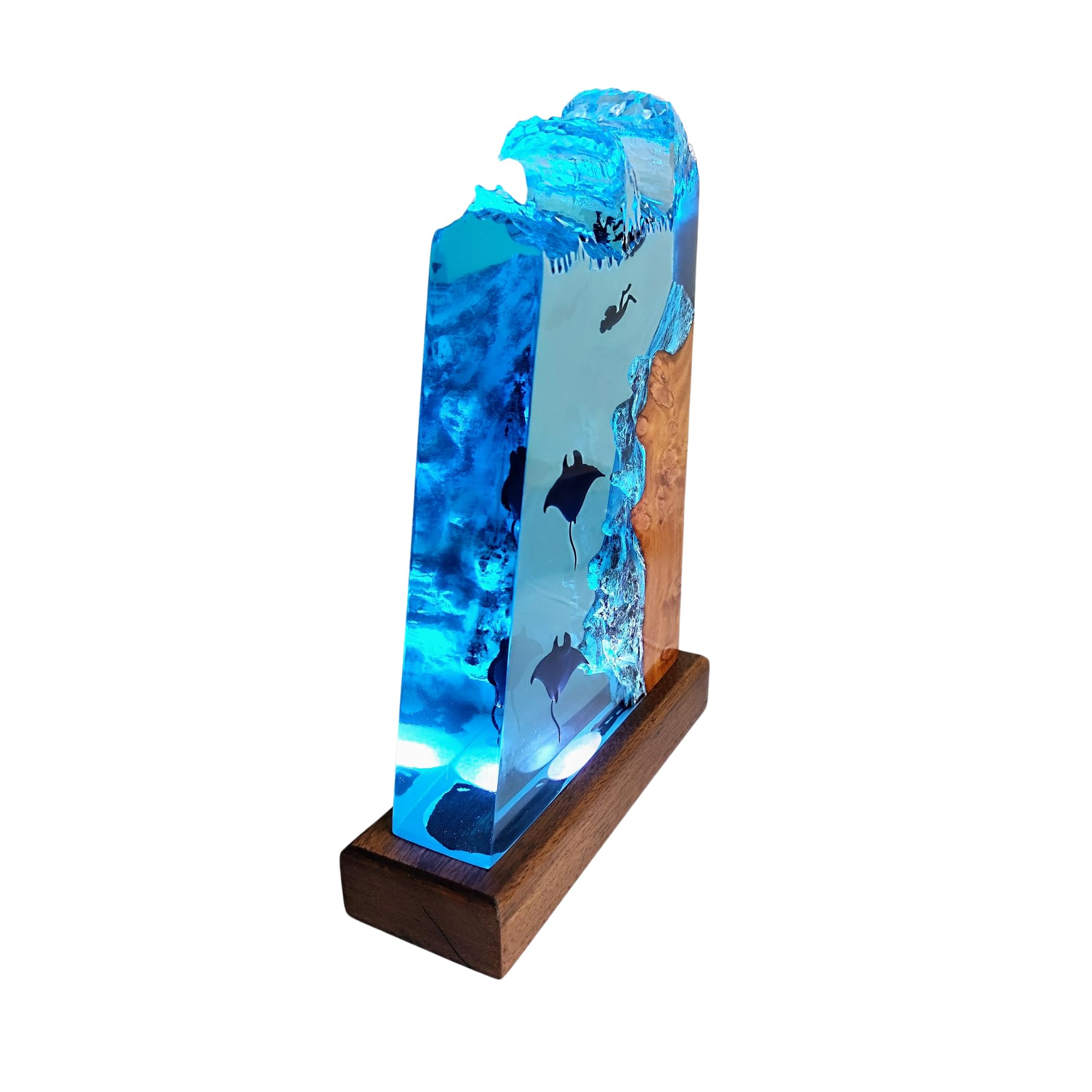 **Manta Ray and Diver Scuba Resin Wood Lamp – Deep Blue Sea Night Light, Ocean Theme Diorama Decor, Large Epoxy Resin Table Lamp for Bedroom, Living Room, Office – Unique Gift for Men & Women (12x6 Inches)**