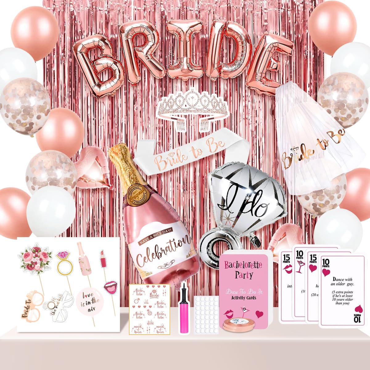 MOVINPE Bachelorette Party Decorations Set - Bride to Be Sash, Veil, Rhinestone Tiara, Dare Cards & Photo Booth Props for Bridal Shower | Includes Rose Gold Foil Curtains & Temporary Tattoos - Perfect for Wedding Showers, Girls Night Out & Bachelorette Party Decor