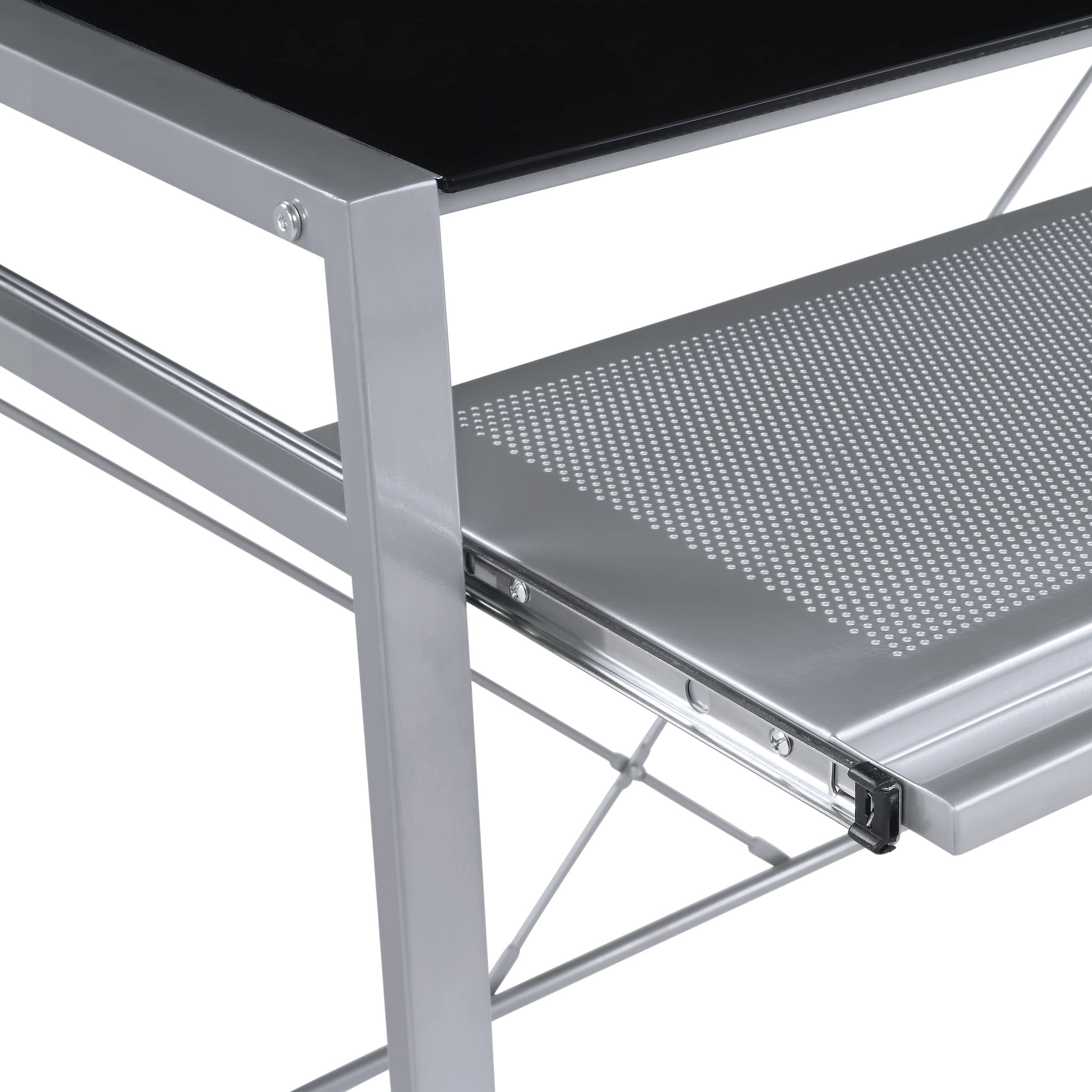OSP Home Furnishings Zephyr Modern Computer Desk with Keyboard Tray & Tempered Glass Top - Black Glass & Silver Metal Frame - Perfect for Home Office, Gaming Setup & Small Spaces