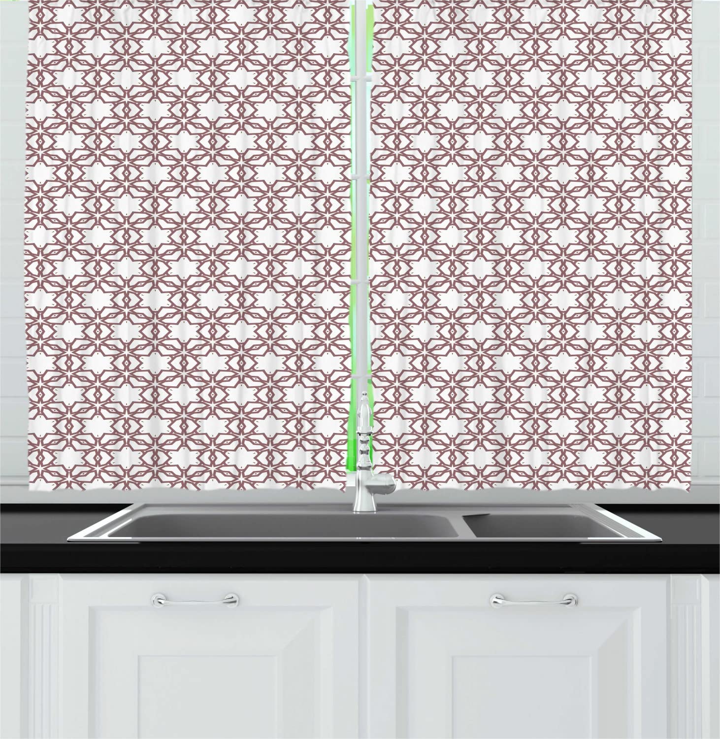 Ambesonne Oriental Long Kitchen Curtains - Boho Middle Eastern Ethnic Floral Mosaic Design with Diagonal Geometric Petals - 2 Panel Drapes with Rod Pocket - 55