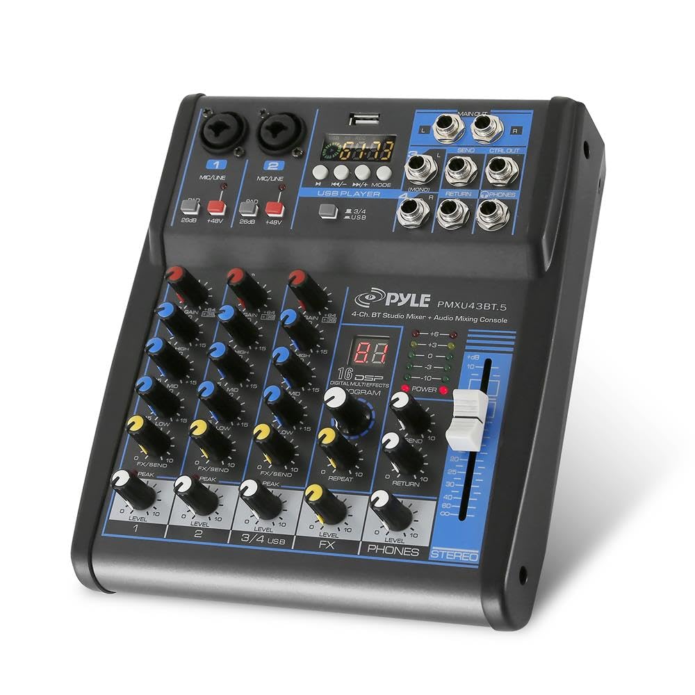 Pyle Professional 4-Channel Audio Mixer Sound Board with USB, Bluetooth, MP3 Input, 48V Phantom Power & 16-Bit DSP Processor - Ideal for DJ Studio, Live Streaming & Music Production - PMXU43BT.5