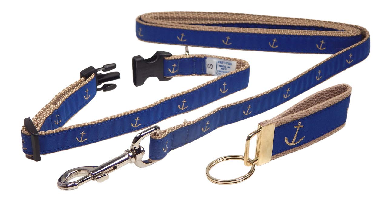 Preston Glittery Gold Anchor Dog Collar & Leash Set for Small Dogs - Blue, X-Small (3/4