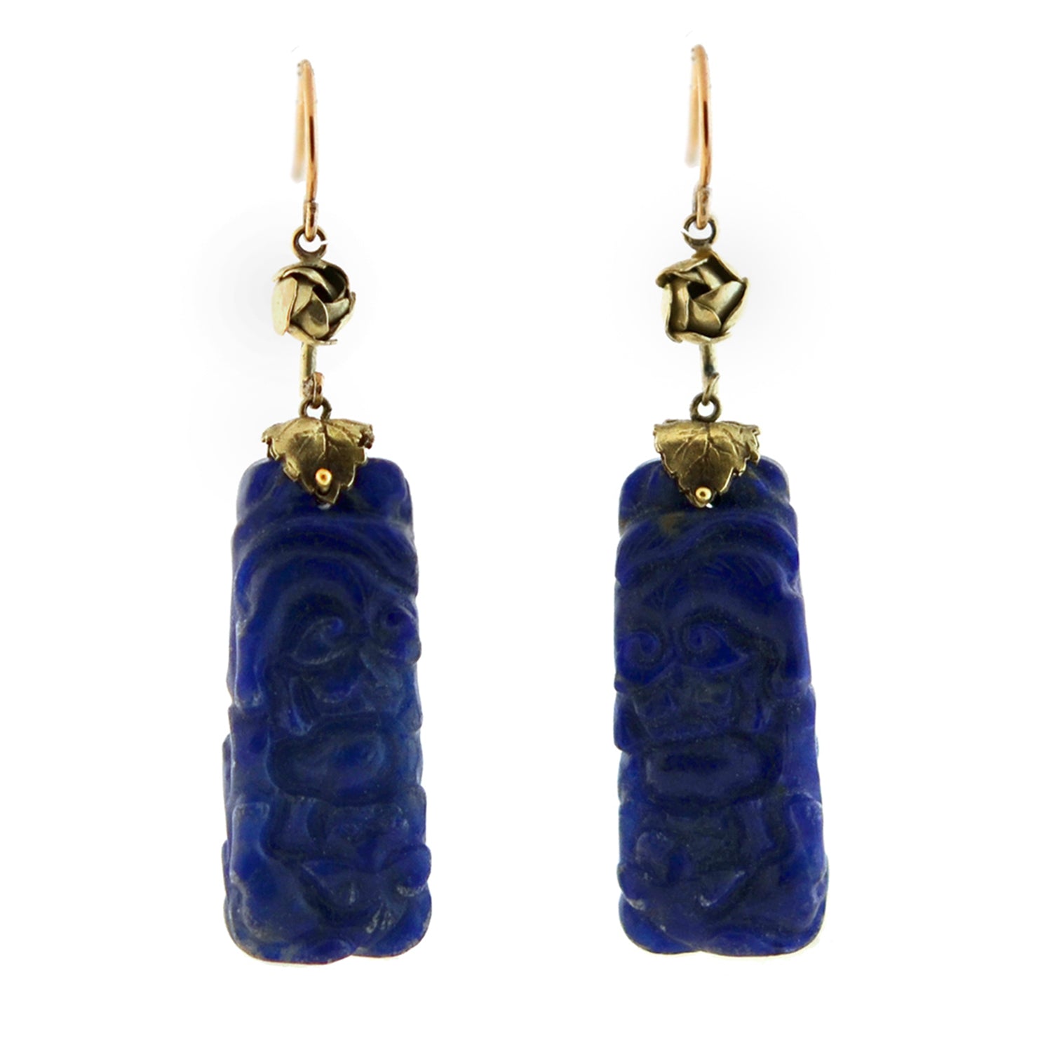 Vintage Art Deco Style 14K Gold Carved Sodalite Earrings - Handmade Blue Gemstone Jewelry for Women, Gift for Her, Perfect for Weddings & Evening Events