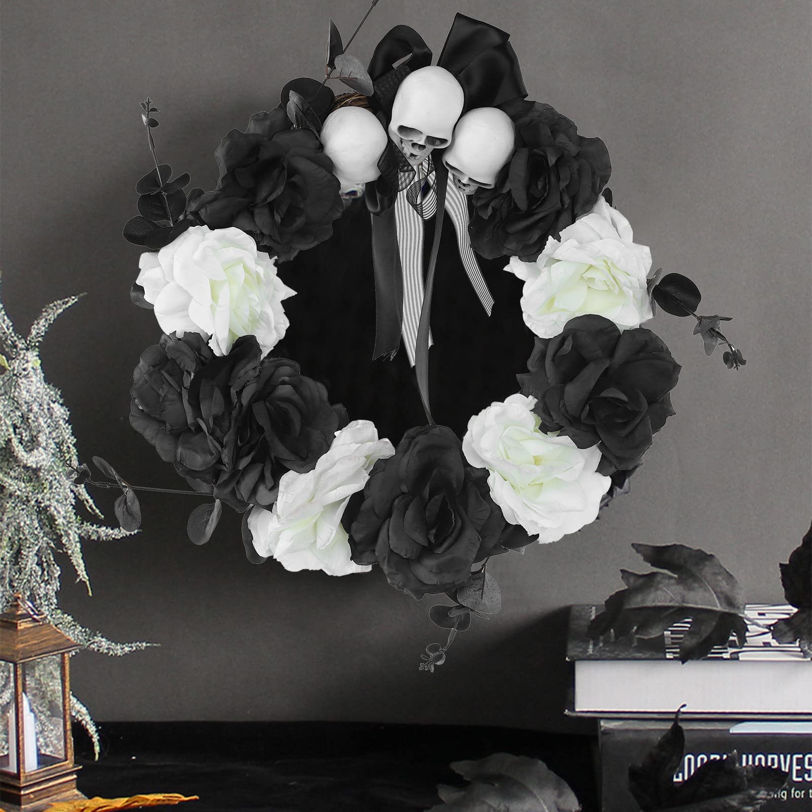 NBPX Halloween Wreath with Skeleton Rose Ball Ornament - Spooky Front Door Decor for Indoor & Outdoor, Window & Wall Halloween Decoration | Perfect for Halloween Parties & Home Haunting Displays