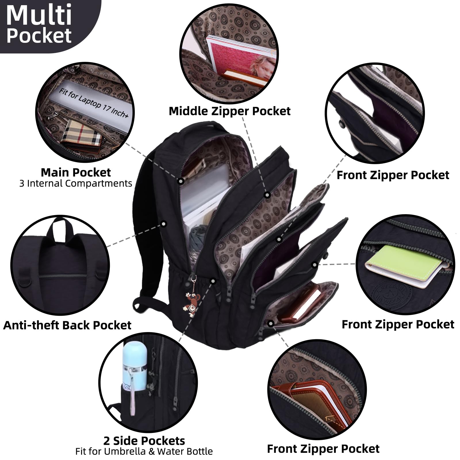 Lightweight Black Nylon Travel Laptop Backpack for Men & Women - Water Resistant 17+ Inch Computer Backpack for College, Work, Hiking & Casual Day Use