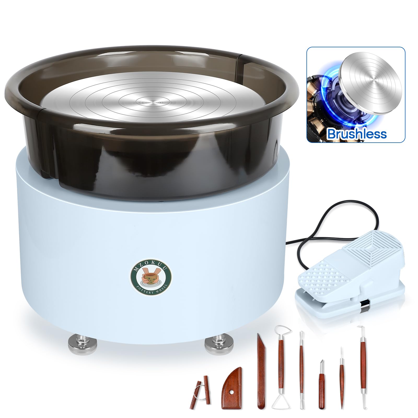 MZOKUU 11 Inch Electric Pottery Wheel for Adults - Direct Drive Motor, Foot Pedal & Sculpting Tools Kit - 2-Way Rotation Ceramic Forming Machine - Perfect for Pottery Making, Clay Art & DIY Craft Projects - White