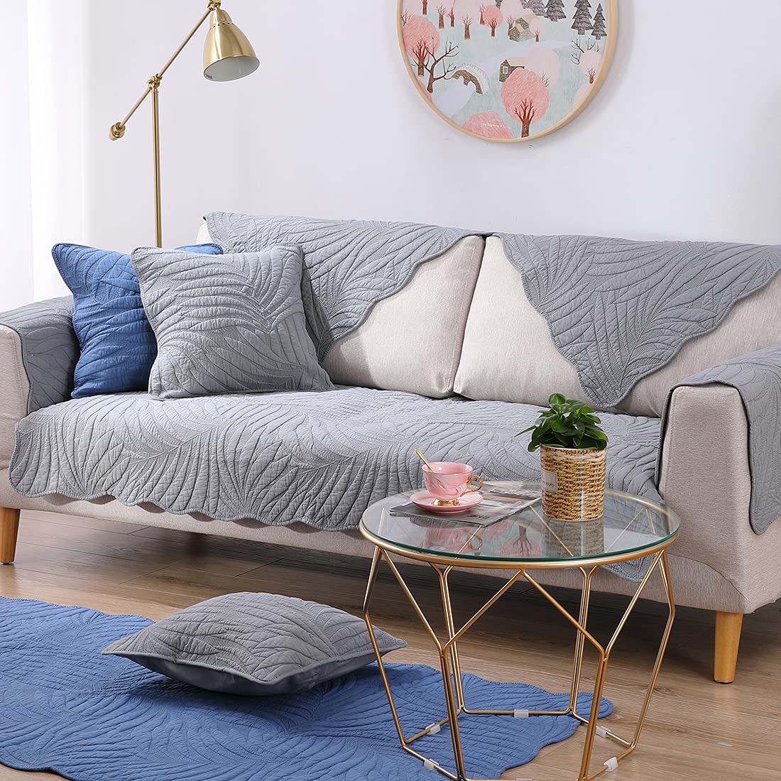 Vctops Leaf Embroidery Cotton Sofa Cover - Non-Slip Sectional Couch Slipcover for Pets, Fits L-Shaped & Recliner Couches (Grey, 43