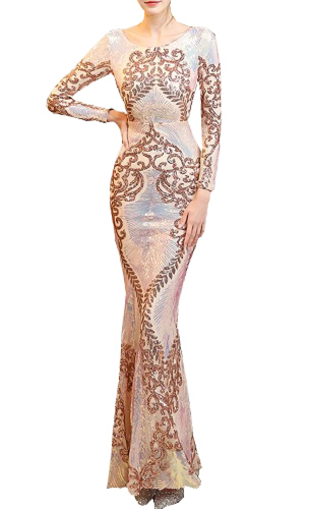 Molilove Women's Backless Sequin Mermaid Evening Dress - Elegant Long Sleeve Bodycon Gown for Cocktail Party, Prom, Wedding & Formal Events