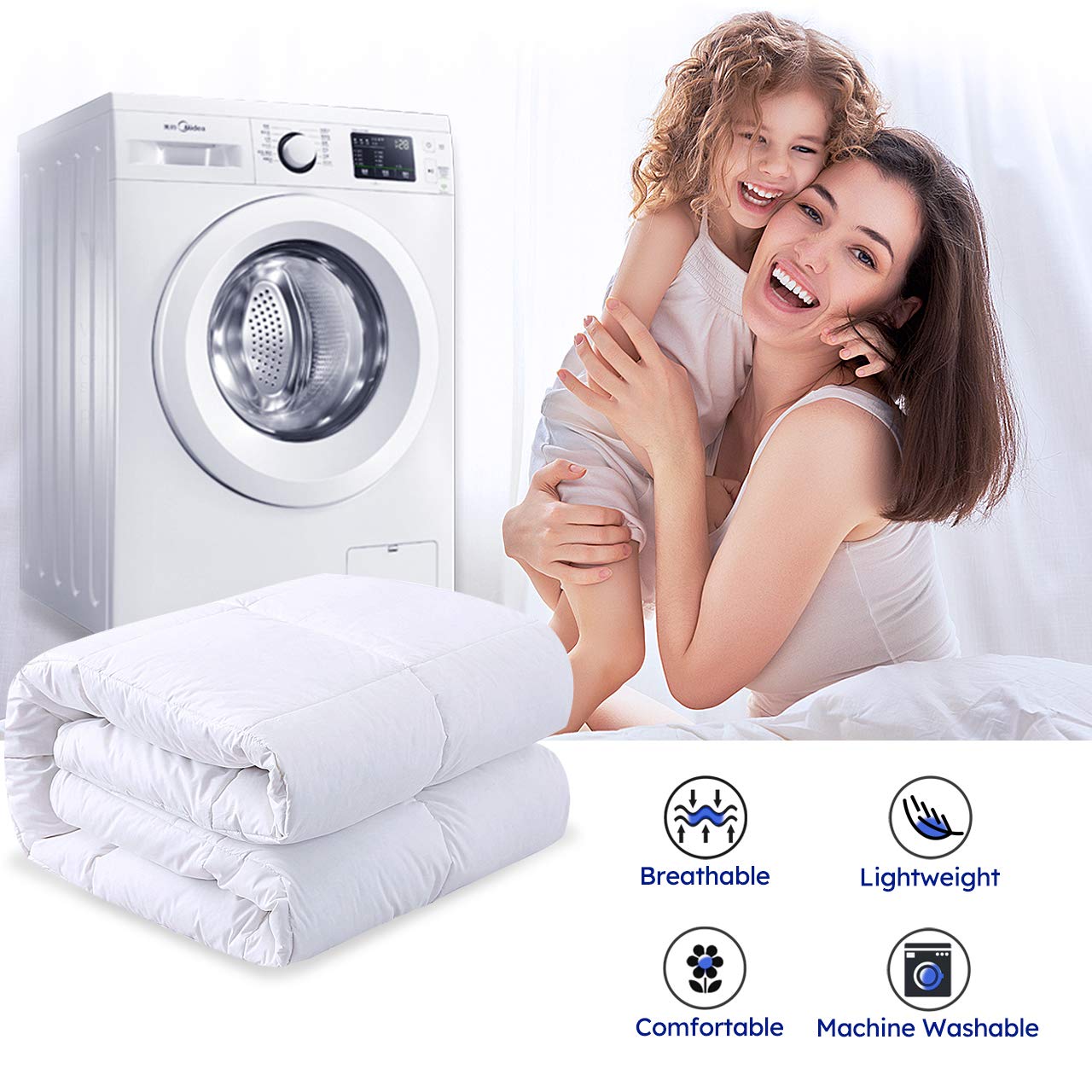 Premium Queen Size Feather & Down Comforter - All Season Fluffy Duvet Insert with Quilted Cotton Cover | Hypoallergenic, Breathable & Temperature Regulating | Perfect for Bedroom, Guest Room & Hotel Use