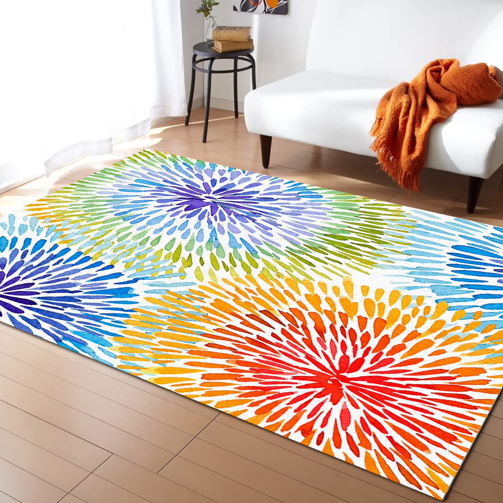 Boho Colorful 5'x8' Area Rug - Extra Large Washable Carpet for Indoor & Outdoor Use | Ombre Blue Orange Watercolor Ethnic Geometric Design | Perfect for Kids, Teens, Bedroom, Living Room, Bathroom & Classroom Decor