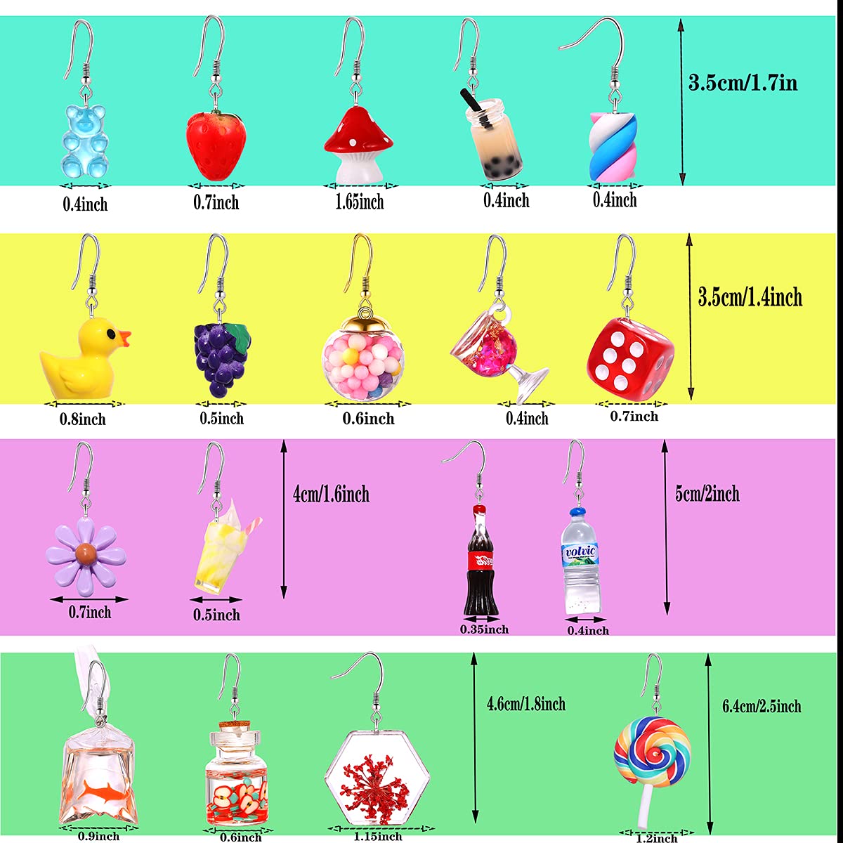 12/18 Pairs Cute Funny Dangle Earrings - Unique Mushroom, Goldfish, Water Bottle & Milk Tea Designs - Bulk Whimsical Earrings for Women & Teens - Perfect for Parties, Gifts & Everyday Fashion Accessories