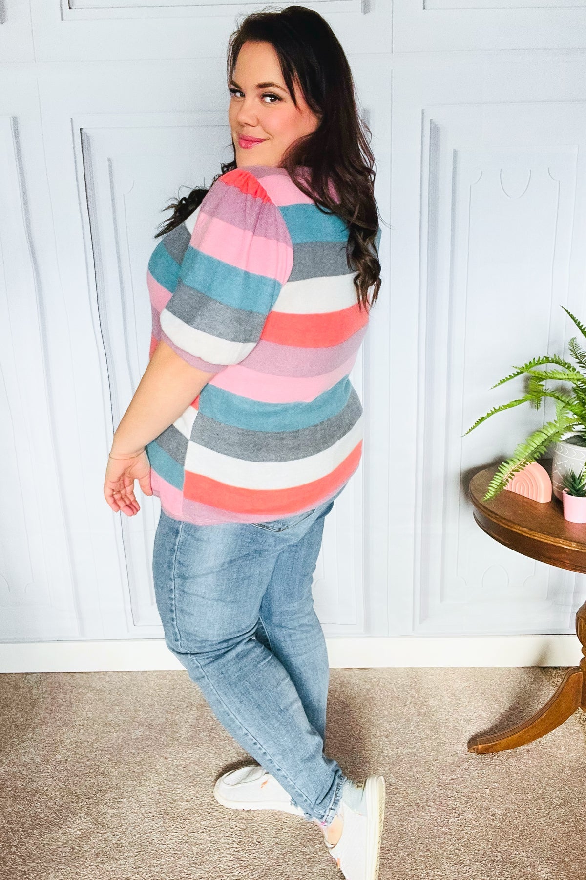 Look Out Teal & Rose Striped Hacci Knit Puff Sleeve Top | Women's Fashion Blouse | Casual & Party Wear | Perfect for Date Nights & Office Outfits
