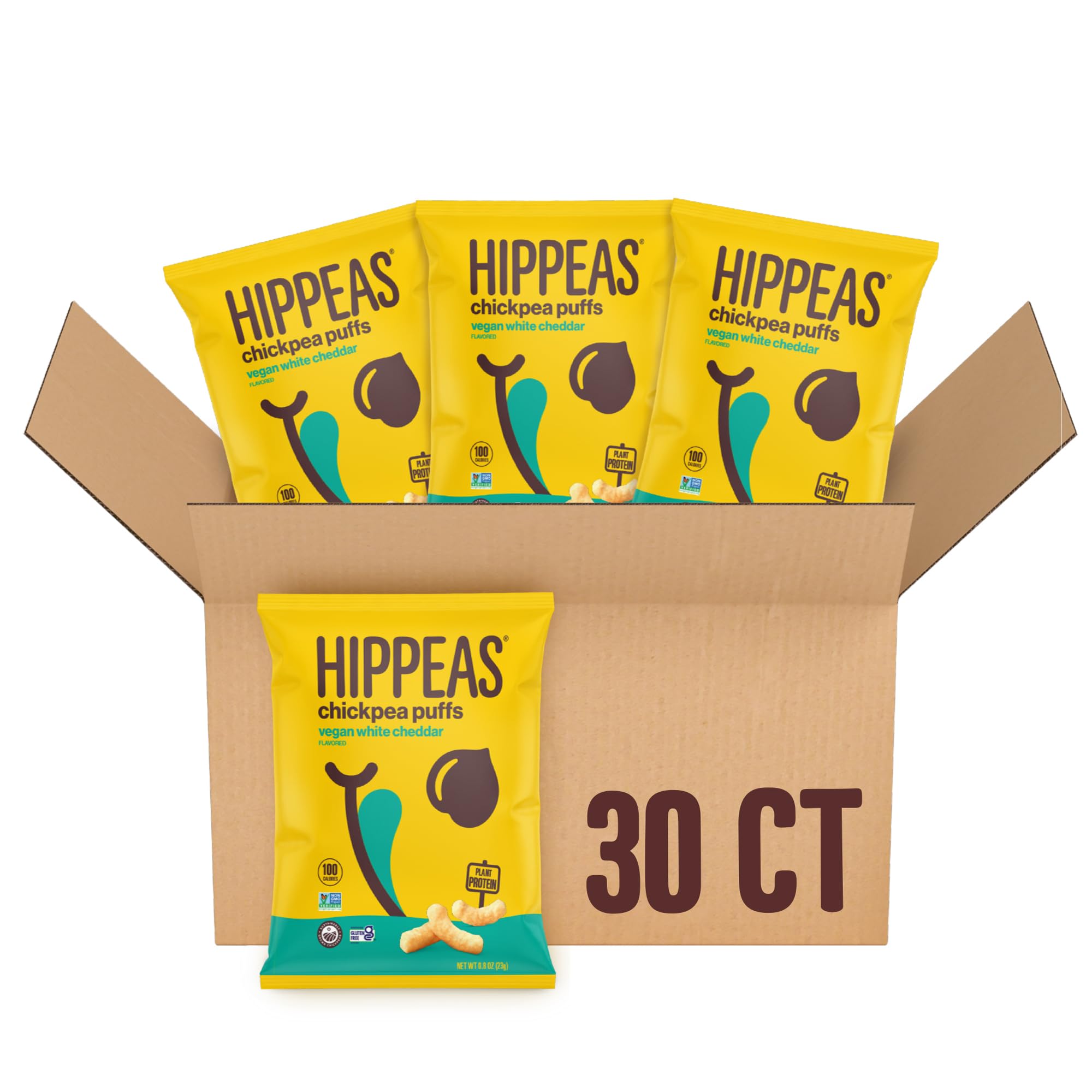 Hippeas Vegan White Cheddar Chickpea Puffs - 0.8oz Pack of 30 | Gluten-Free, 3g Protein & 2g Fiber Crunchy Plant-Based Snacks | Perfect for School Lunches, Office Snacking & Healthy On-the-Go Treats