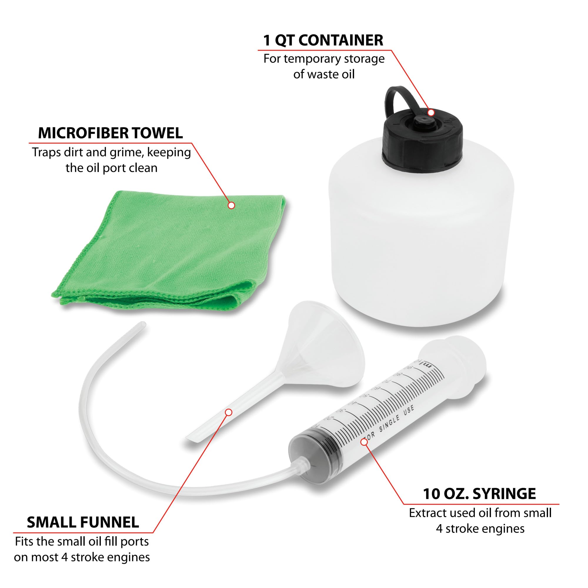 Performance Tool W4075 4-Stroke Oil Extractor and Changer Kit with Suction Syringe, Funnel & Microfiber Towel - Easy DIY Oil Changes for Lawn Mowers, Motorcycles, ATVs & Small Engines - Perfect for Home Garage Maintenance