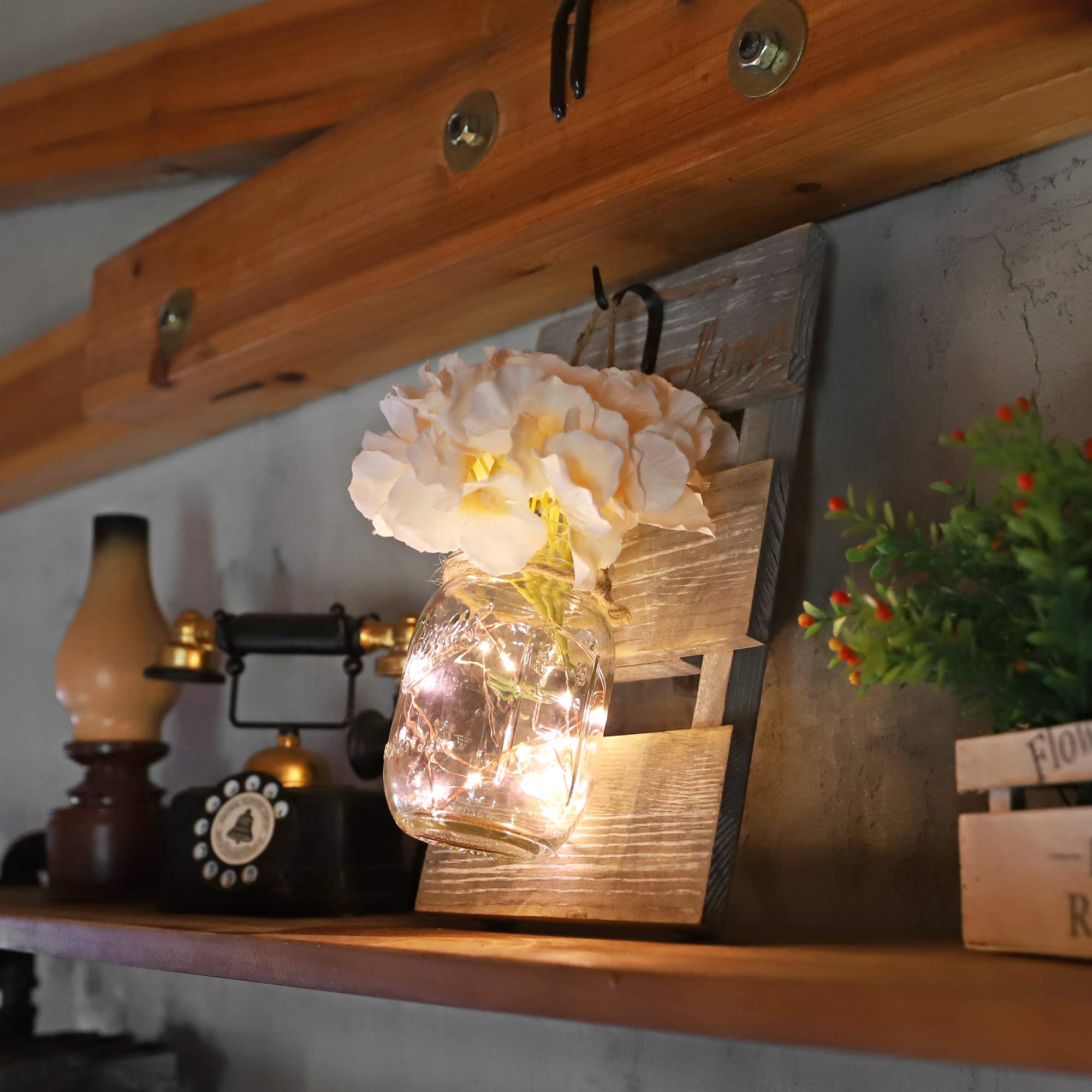 HOMKO Rustic Mason Jar Wall Decor with 6-Hour Timer LED Lights and Artificial Flowers - Farmhouse Home Decor Set of 2 for Living Room, Bedroom, or Wedding Centerpieces