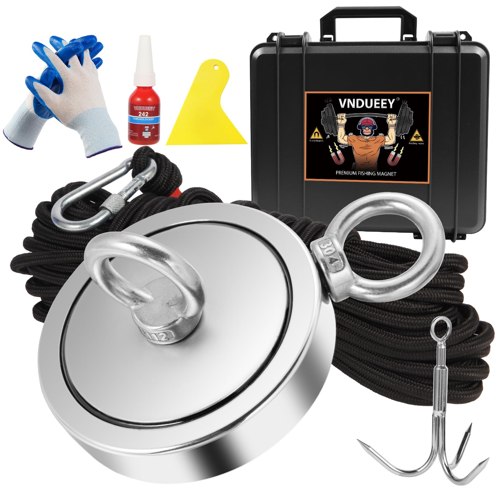 VNDUEEY 2625 Lbs Magnet Fishing Kit with Heavy Duty Neodymium Magnet, 65FT Rope, Grappling Hook, Gloves & Carry Case - Perfect for Treasure Hunting in Rivers, Lakes & Underwater Metal Detection