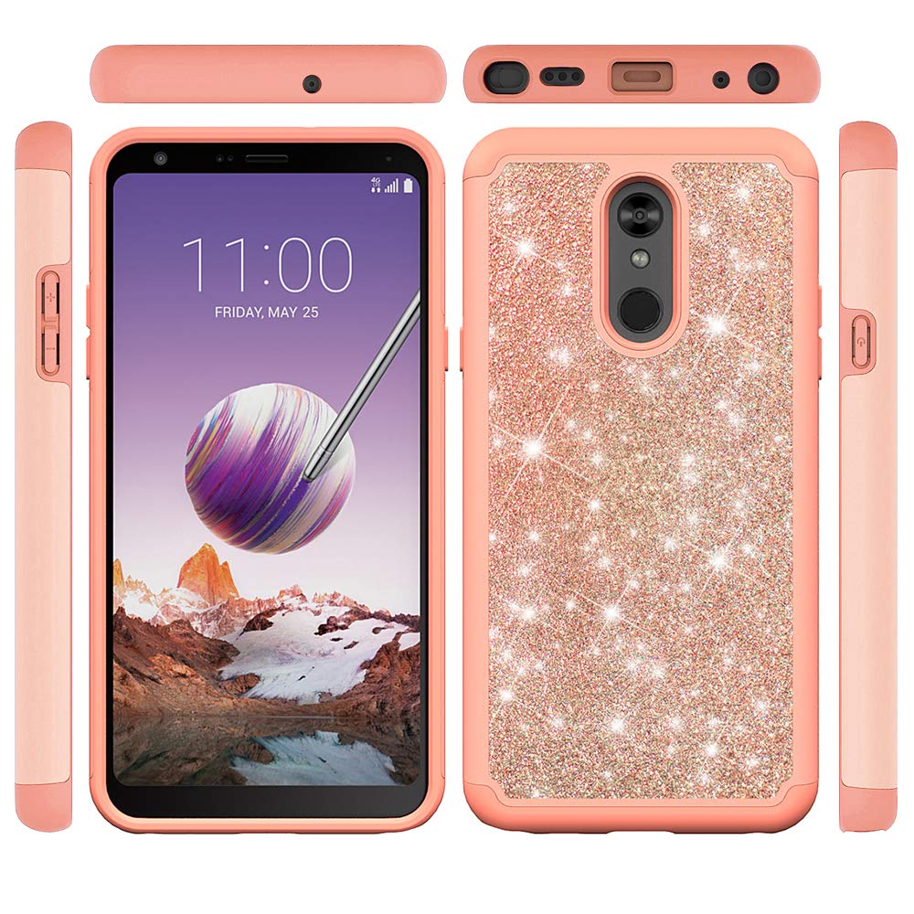 Premium LG Stylo 5/5+/5V/5X/Stylo5 Plus Phone Case with Tempered Glass Screen Protector - Bling Glitter Slim Hybrid Silicone Cover for Women & Girls (Pink Rose Gold) | Perfect for Everyday Protection & Style