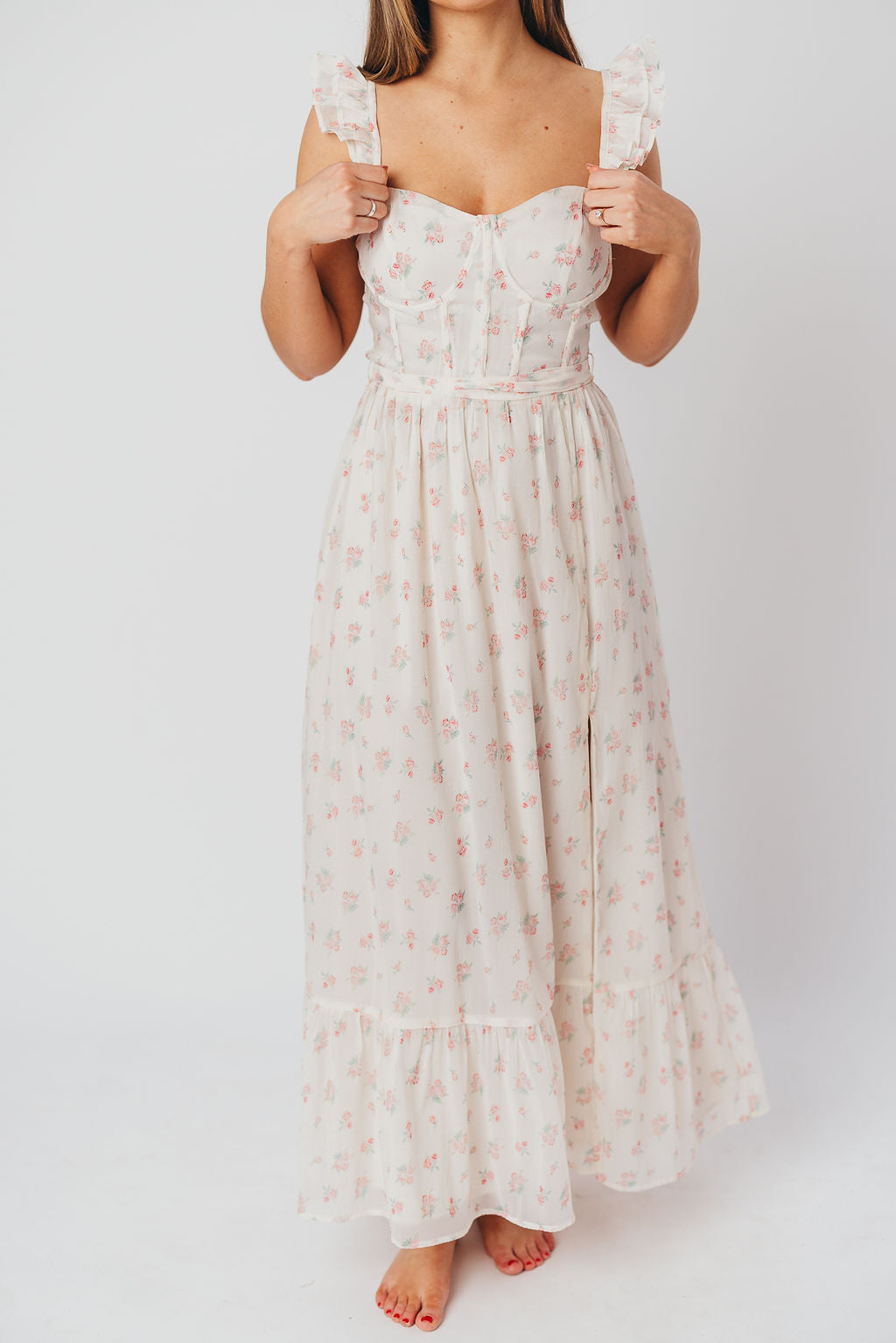 Rosamund Bustier Style Maxi Dress - Floral Blush Pink Women's Plus Size Dress (S-3XL) | Perfect for Weddings, Parties & Summer Vacations