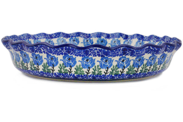 10-Inch Fluted Pie Dish with Blue Rosette Wreath Design - Perfect for Baking, Serving, and Holiday Dessert Presentations