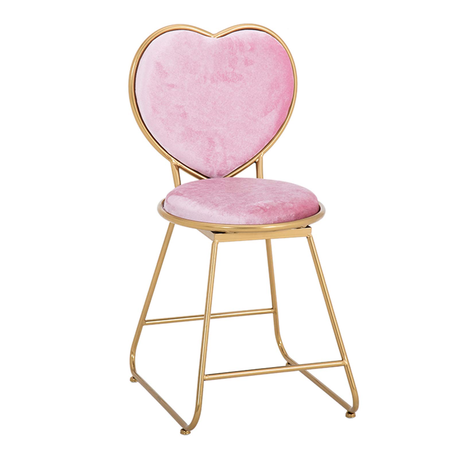 Heart-Shaped Backrest Makeup Chair - Golden Metal Dressing Table Stool with Pink Flannel Upholstery for Kids Room, Reading Nook & Vanity Decor | Perfect for Bedroom, Salon, and Beauty Studio