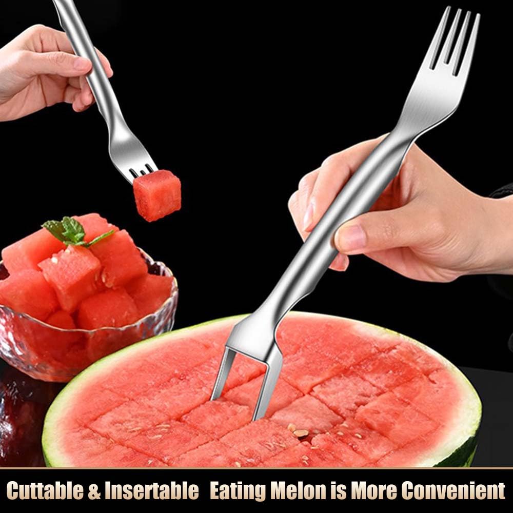 2024 New 2-in-1 Stainless Steel Fruit Cutter - Dual Head Watermelon Slicer & Fork Tool Set (2Pcs) - Perfect for Picnics, BBQs, and Summer Fruit Parties