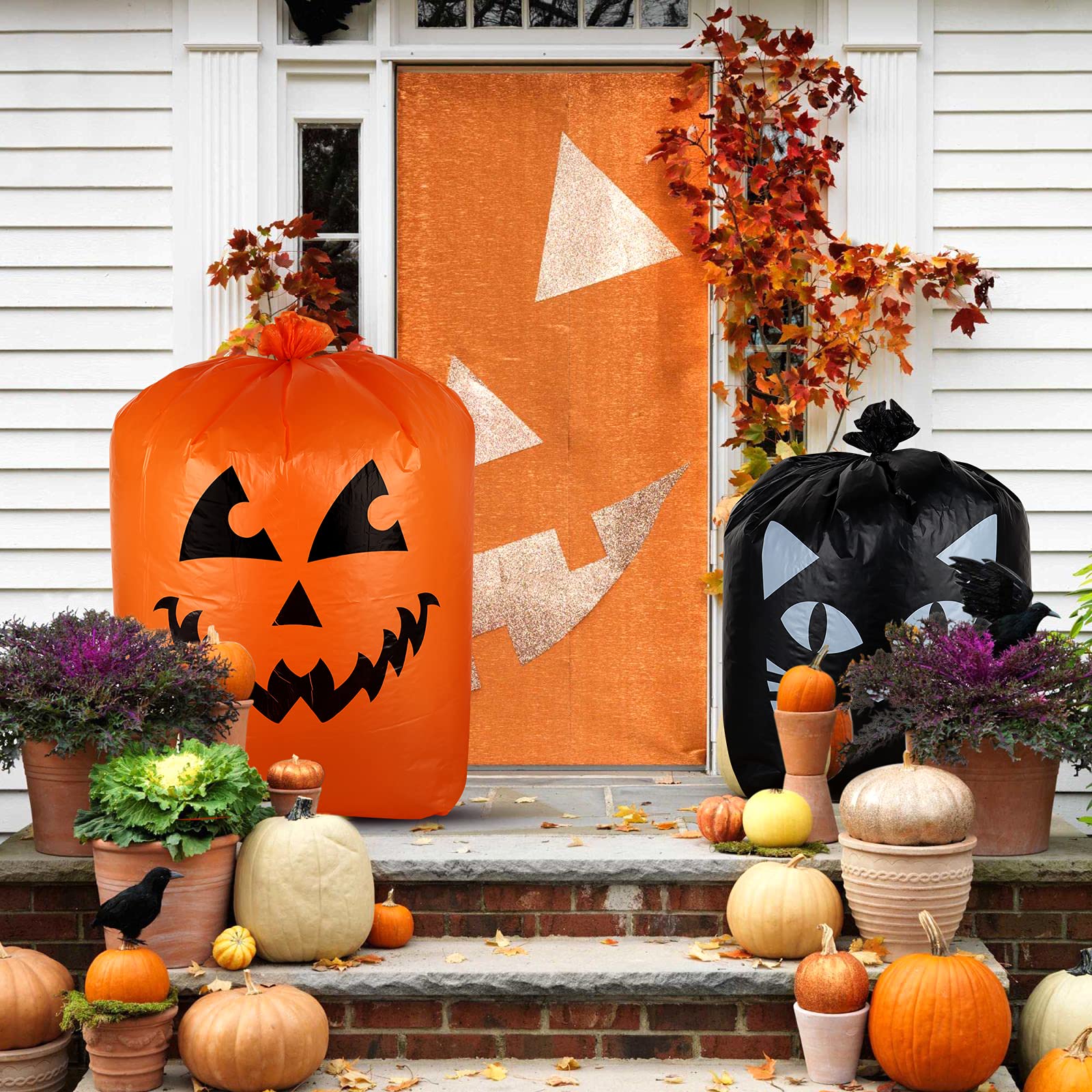 Large Halloween Pumpkin Leaf Bags - 9Pcs Heavy Duty Yard Waste Bags with Twist Ties | Outdoor Fall Decorations, Lawn Leaf Collection & Pumpkin Patch Cleanup | Perfect for Halloween Party Decor, Autumn Yard Maintenance & Seasonal Cleanup