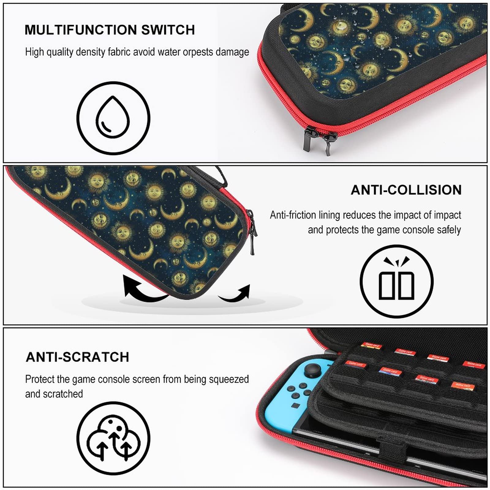 Golden Sun Moon Stars Nintendo Switch Carrying Case - Portable Travel Cover with 20 Game Card Slots - Perfect for Gaming On The Go & Travel Accessories