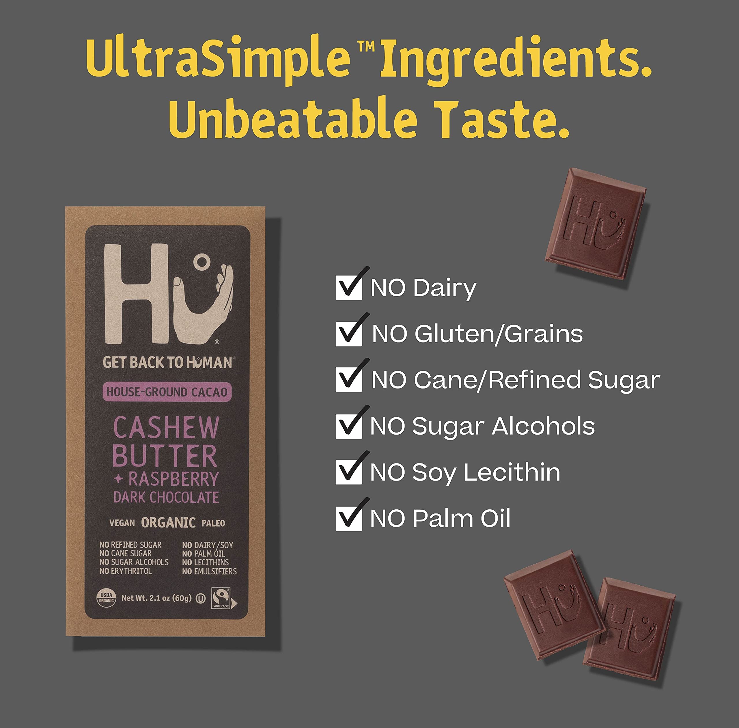 Organic Dark Chocolate Bars 12 Pack - Vegan, Gluten Free, Paleo, Non-GMO, Fair Trade | Hu Raspberry Dark Chocolate | Perfect for Gifts, Snacking & Healthy Desserts