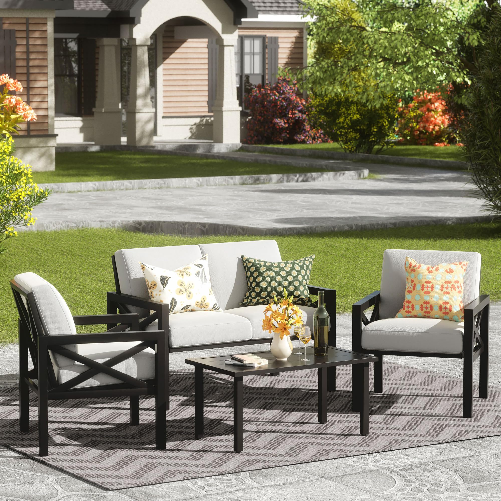 Modern 4-Piece Outdoor Patio Furniture Set - Metal Sectional Sofa with 5.5