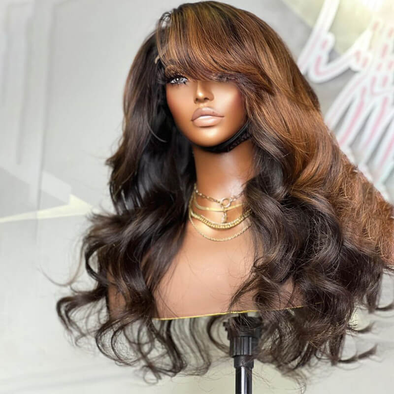 Eullair Pre-Styled Brown Highlights Wavy Layered Cut Human Hair Lace Front Wig - Easy Install for Everyday Wear & Special Occasions